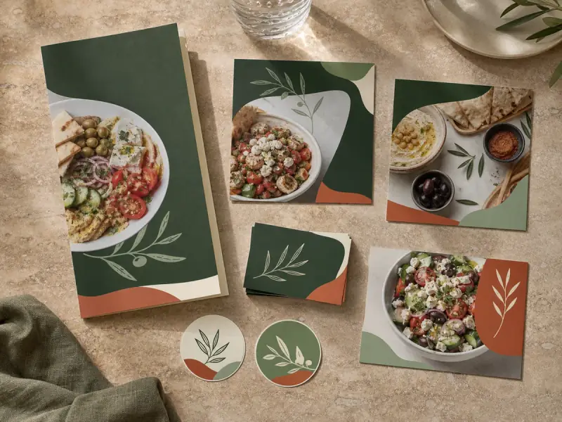 Coordinated restaurant menus, business cards and printed marketing materials