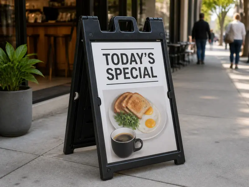 Sidewalk A-Frame Sign Kit shown in a real business setting