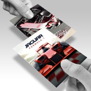 16pt Trading Cards shown in a real business setting