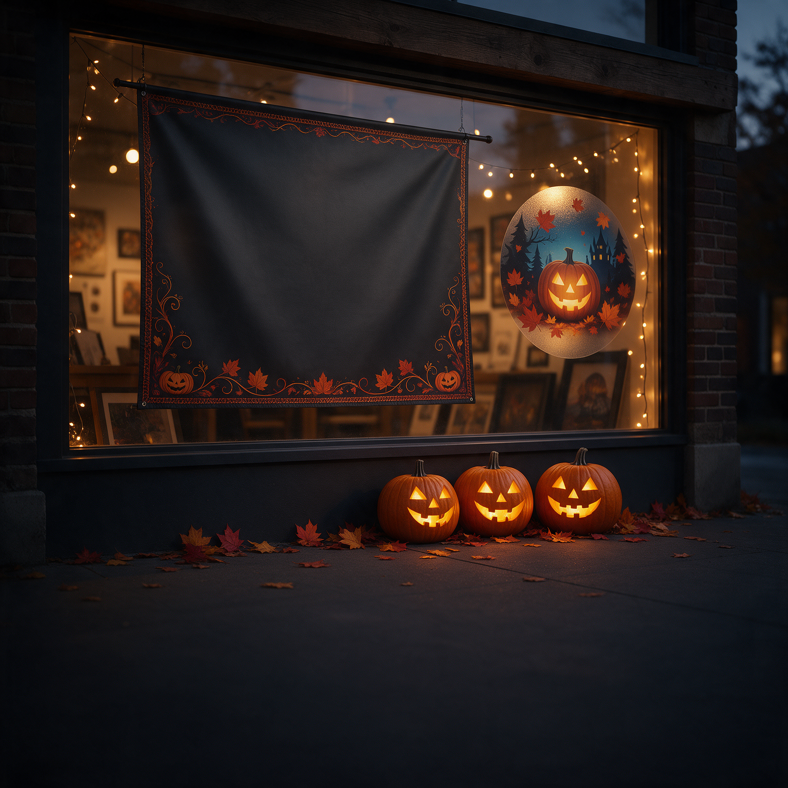 Storefront window with a custom printed Halloween banner and window decal, pumpkins on the sidewalk